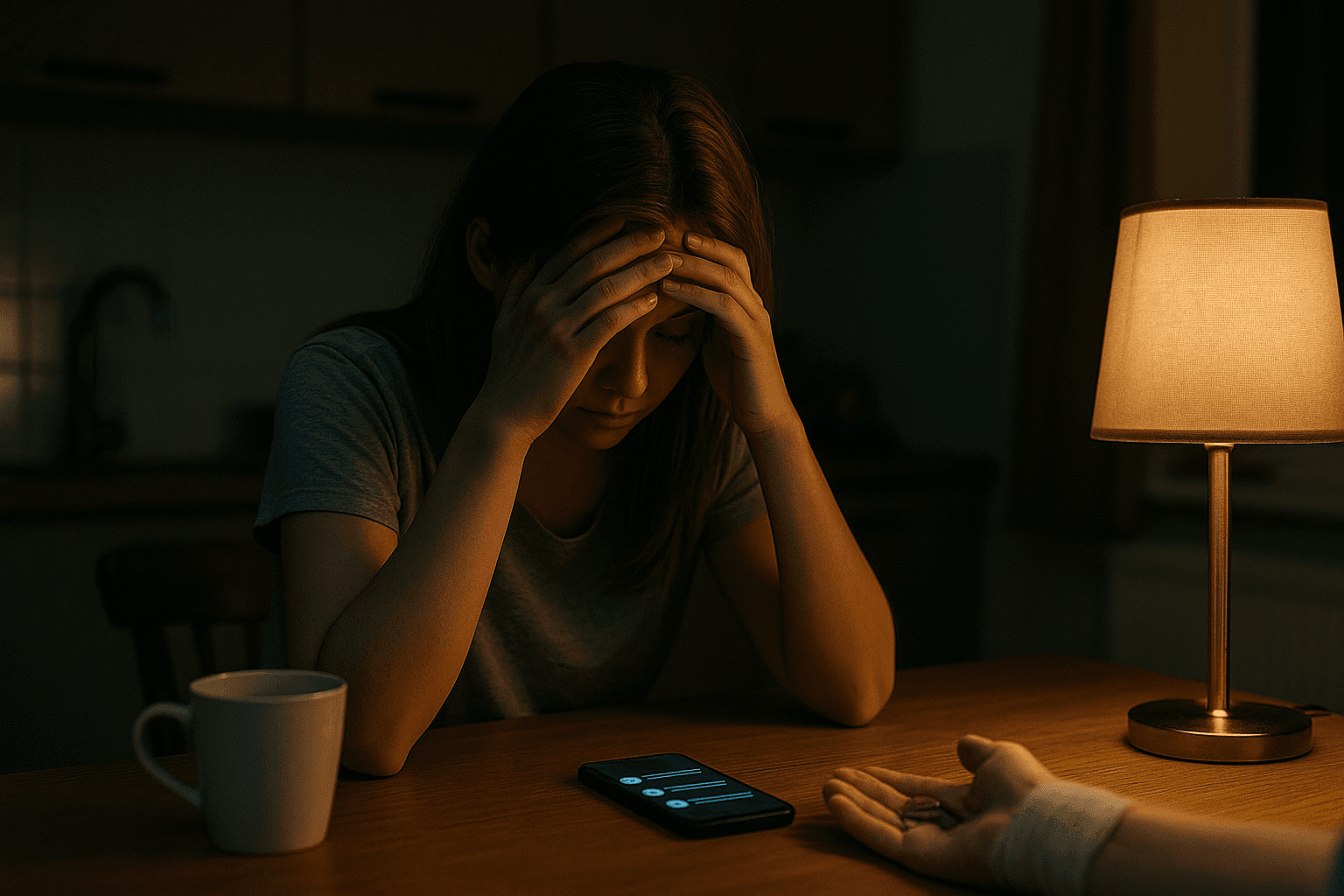 夜のテーブルで疲れ切った女性