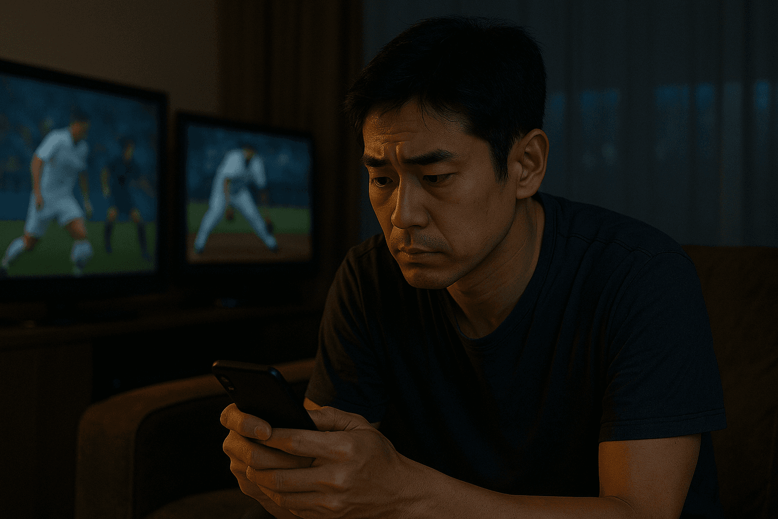A worried young man checking live odds on his phone while multiple TV screens glow in the background