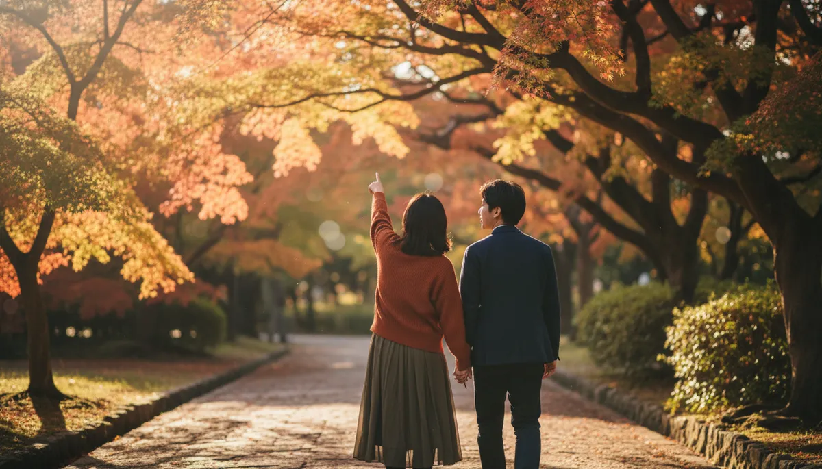 A couple walking together on an autumn park path