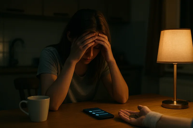 夜のテーブルで疲れ切った女性